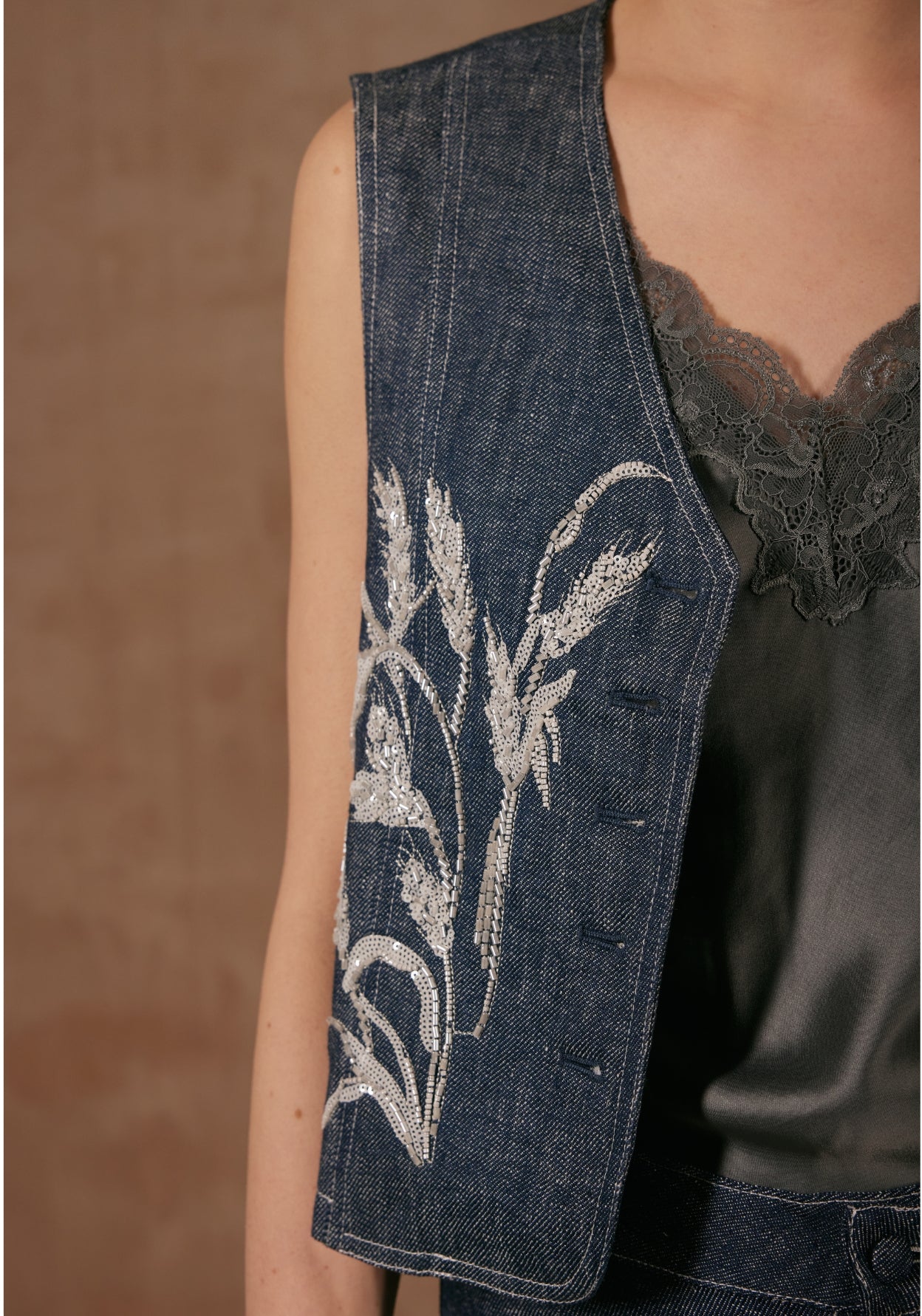 Denim Vest with Bamboo Hand Embroidery