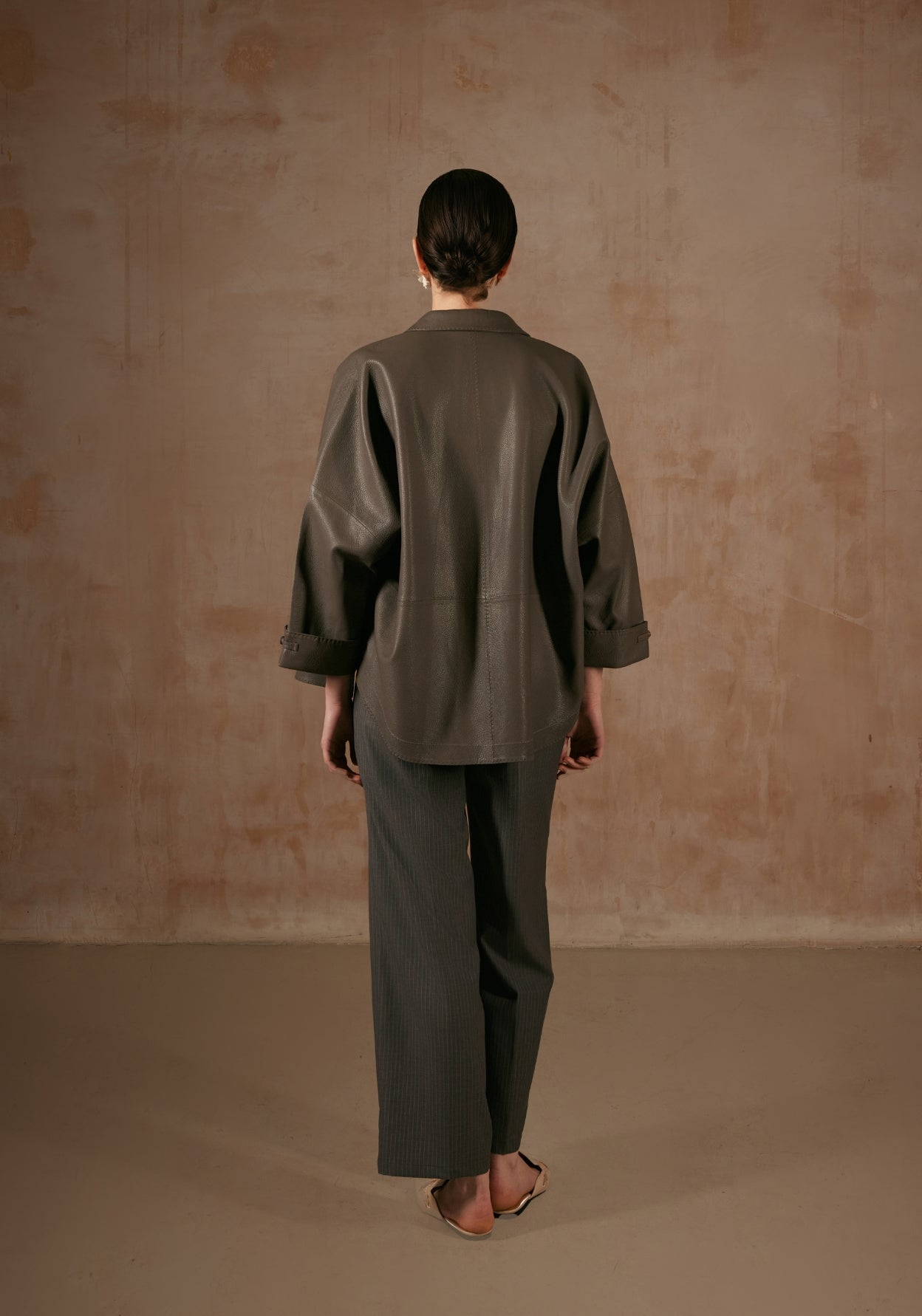 Elephant Grey Leather Jacket with Button Details