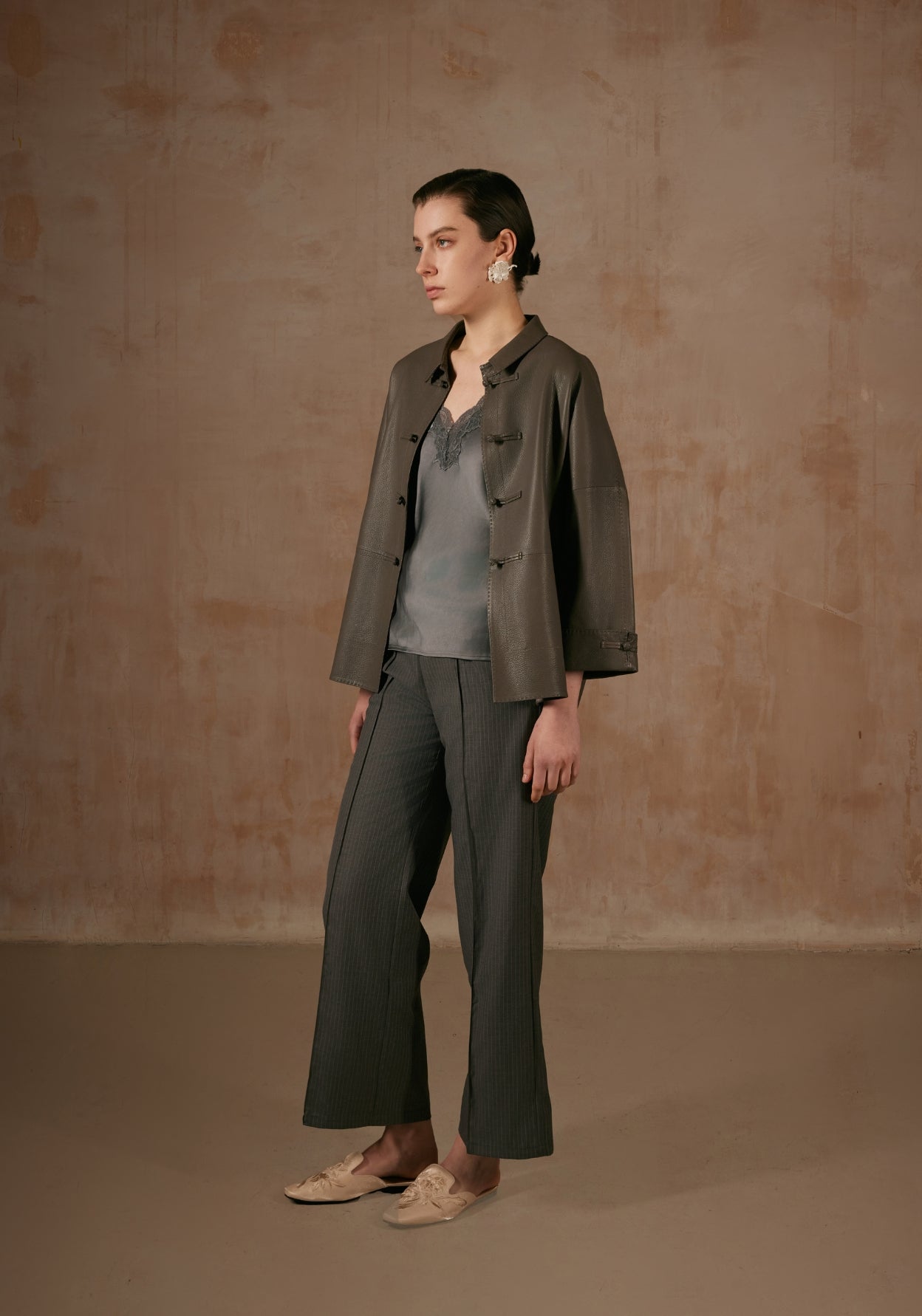Elephant Grey Leather Jacket with Button Details