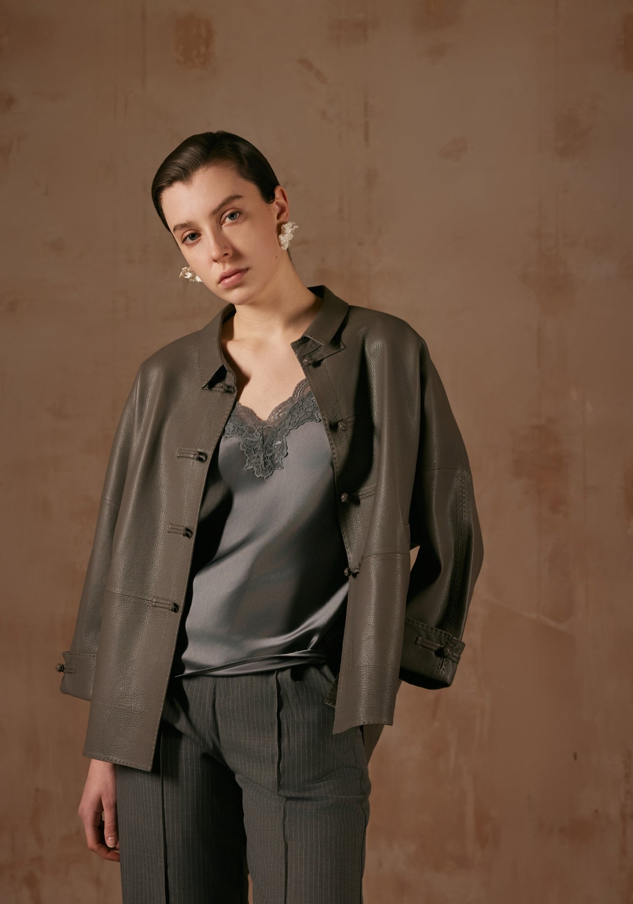 Elephant Grey Leather Jacket with Button Details