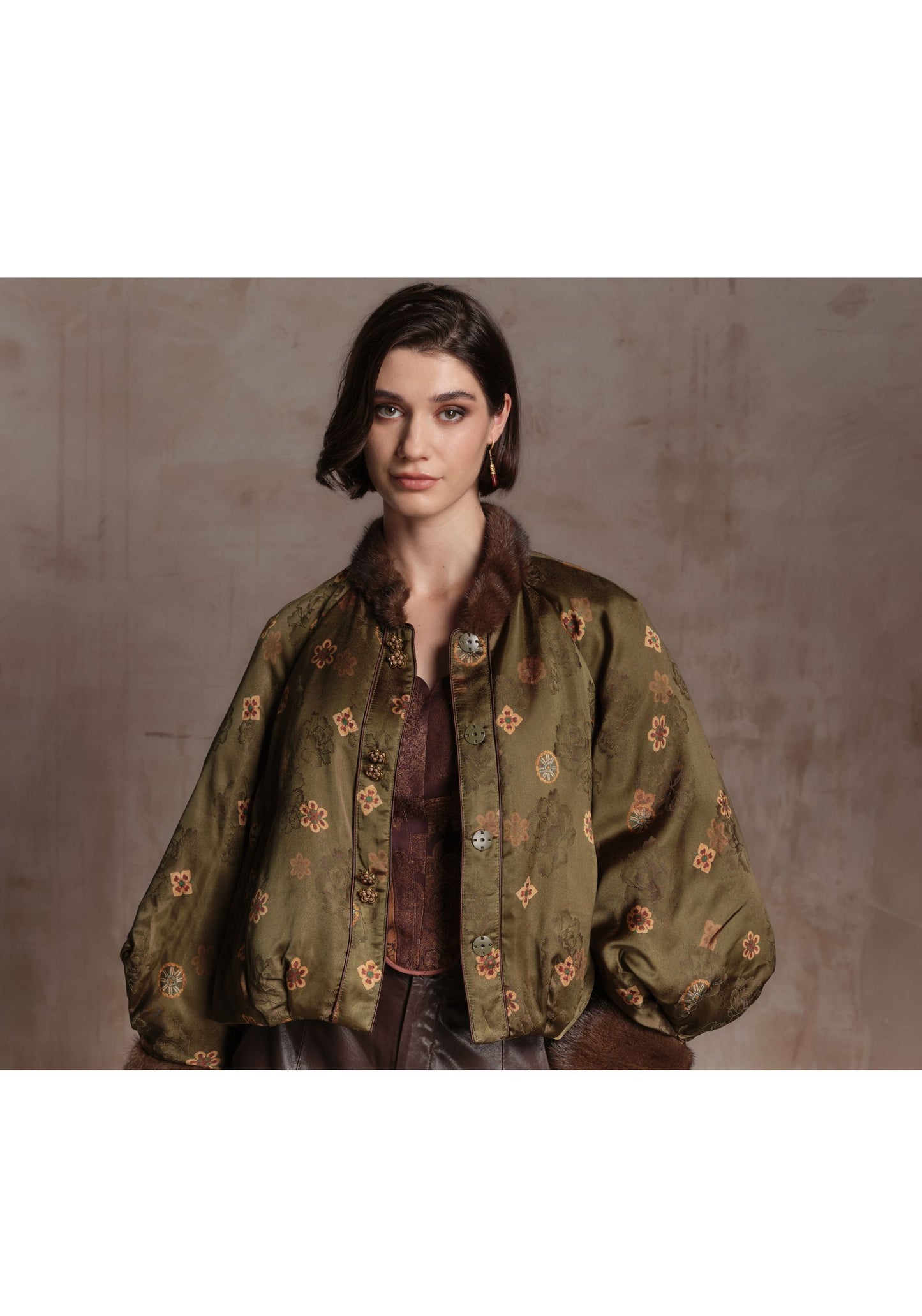 Green Pattern Puffer Jacket with Fur Details