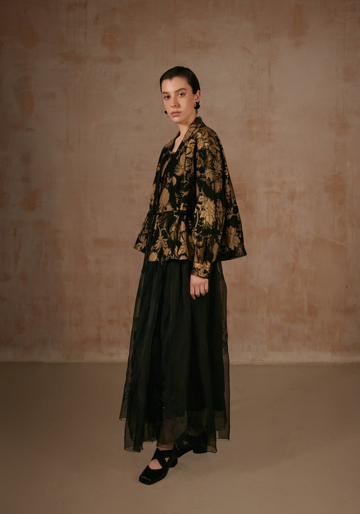 Black Leather Jacket with Golden Flower Patterns
