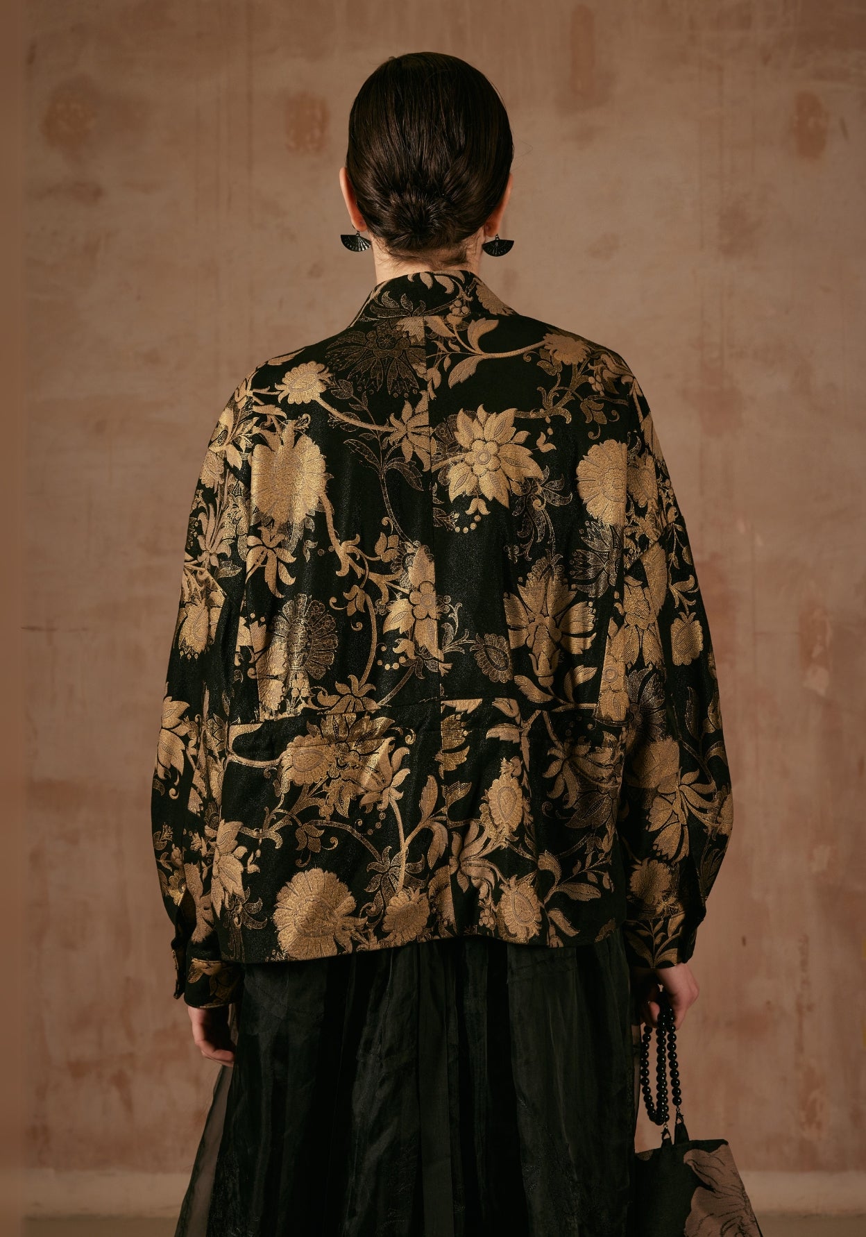 Black Leather Jacket with Golden Flower Patterns