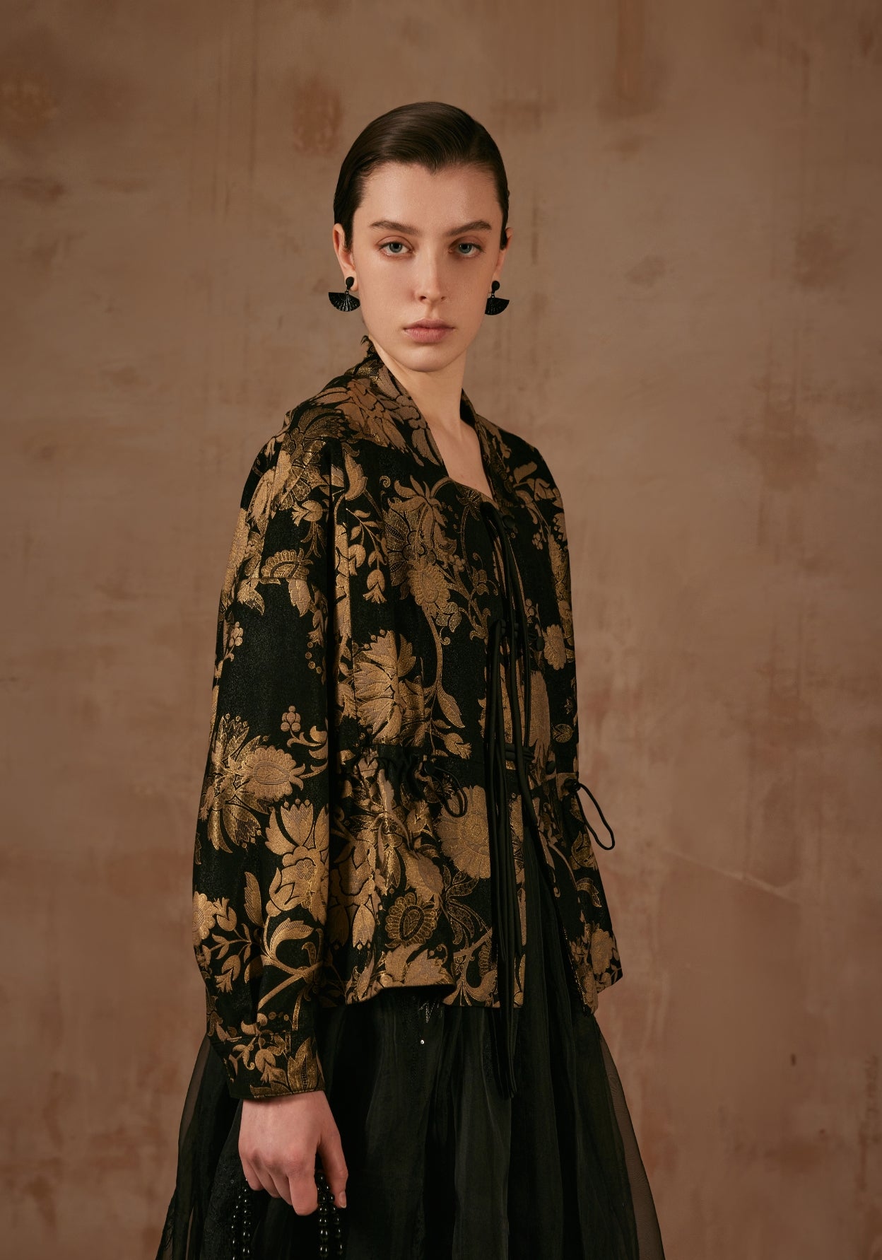Black Leather Jacket with Golden Flower Patterns