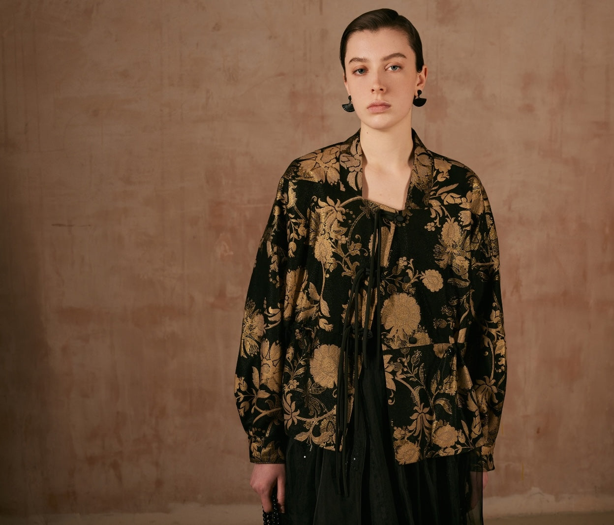 Black Leather Jacket with Golden Flower Patterns