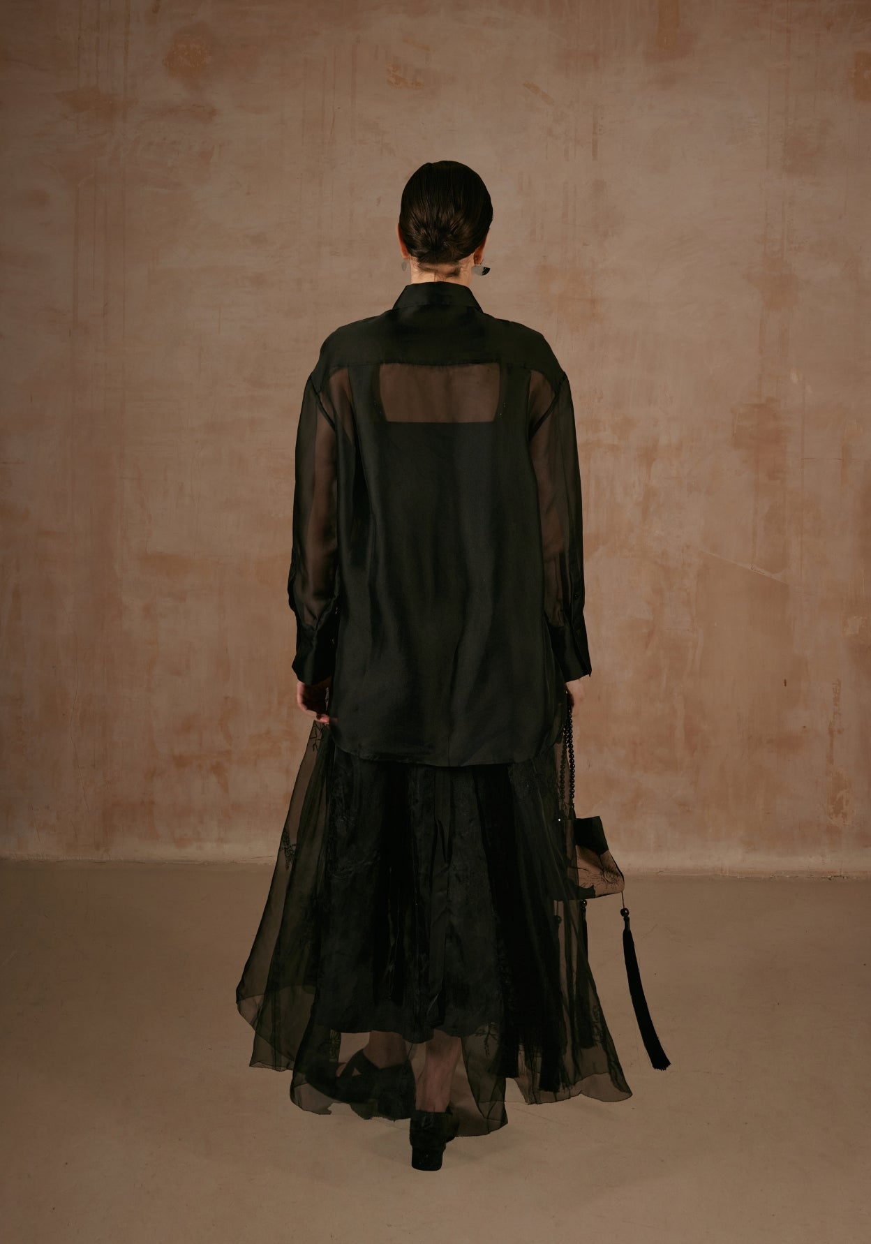 Black Sheer Shirt with Flower Embroidery