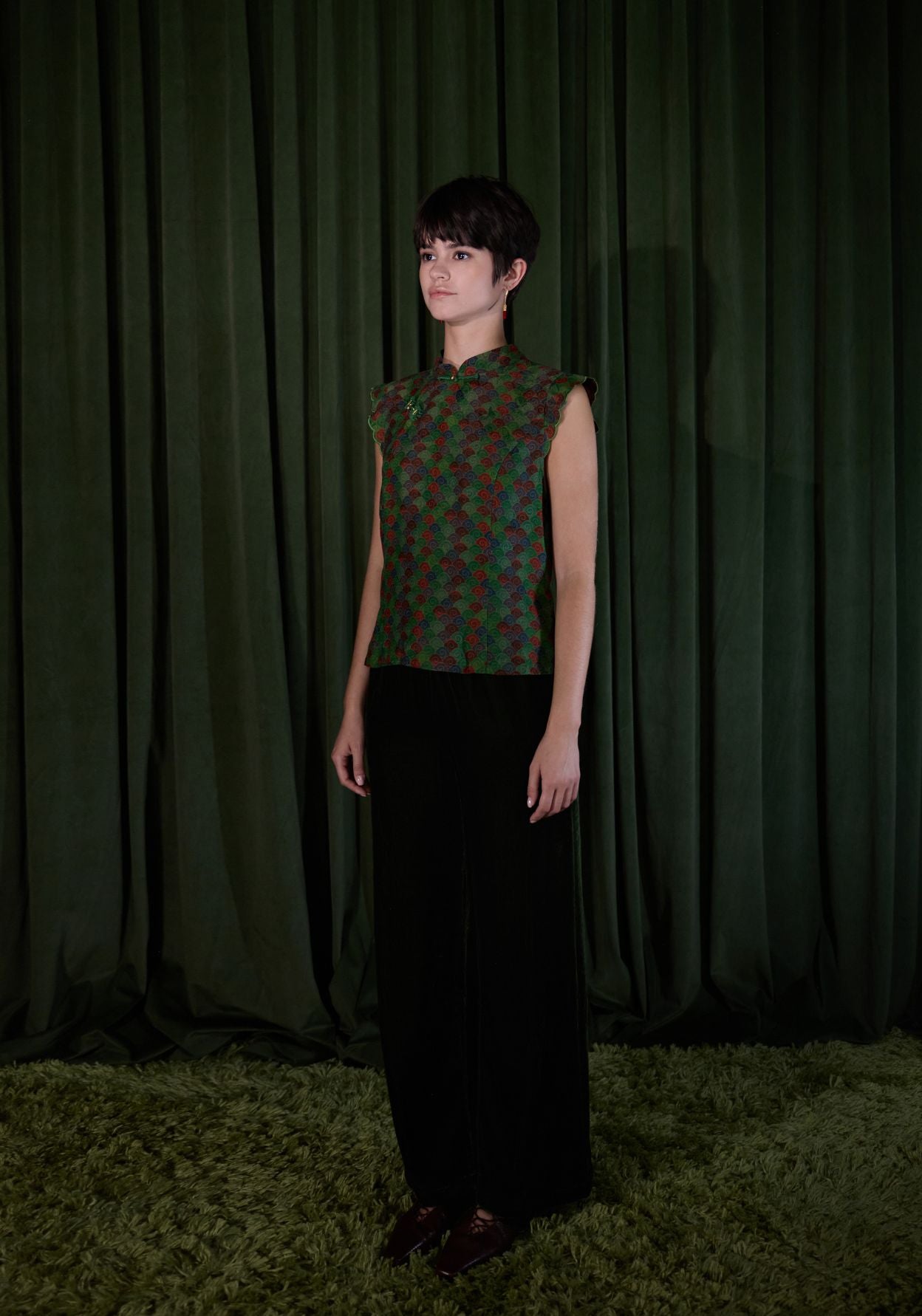 Green Pattern Top with Mandarin Collar