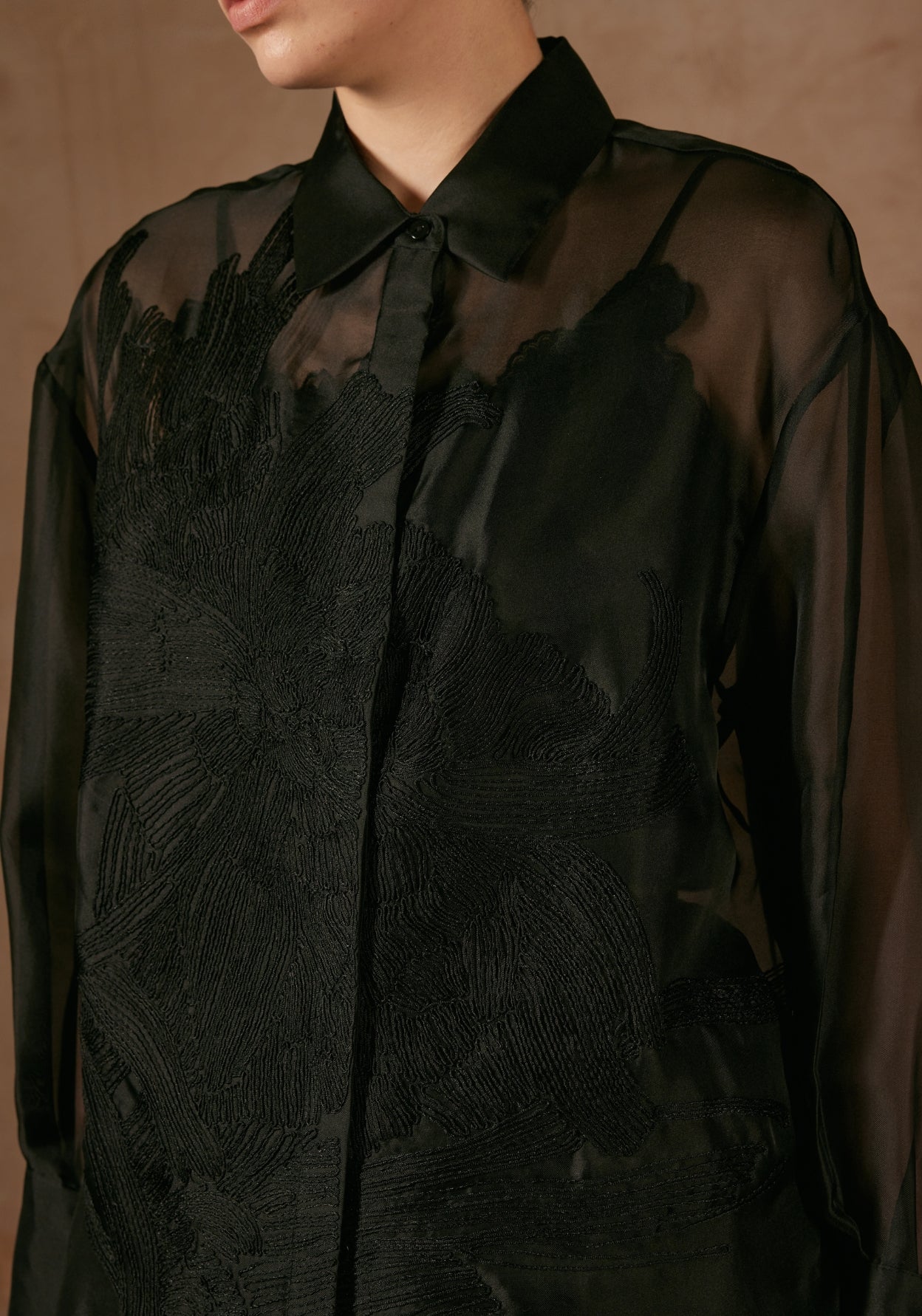 Black Sheer Shirt with Flower Embroidery
