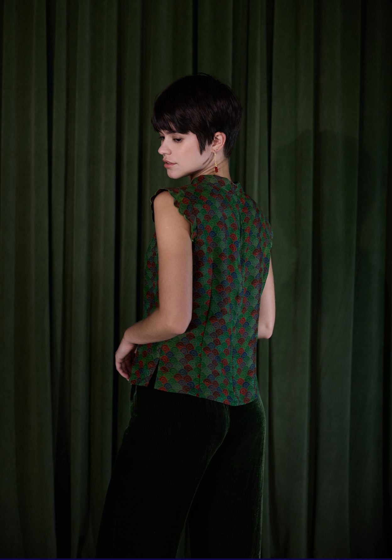 Green Pattern Top with Mandarin Collar