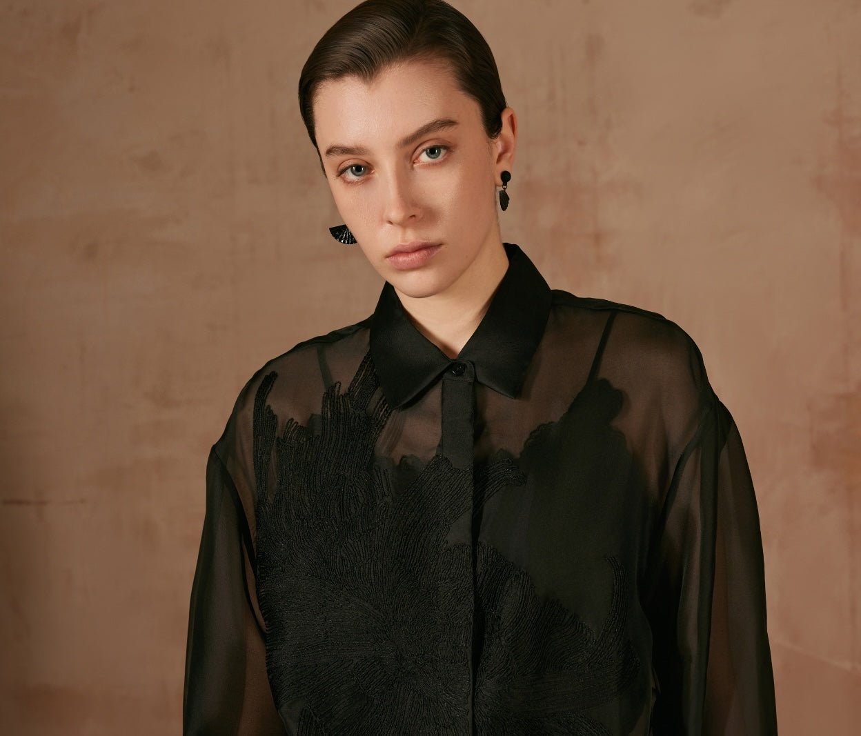 Black Sheer Shirt with Flower Embroidery