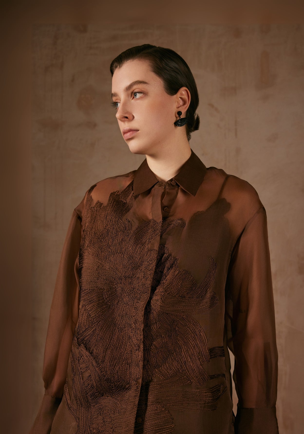 Brown Sheer Shirt with Flower Embroidery