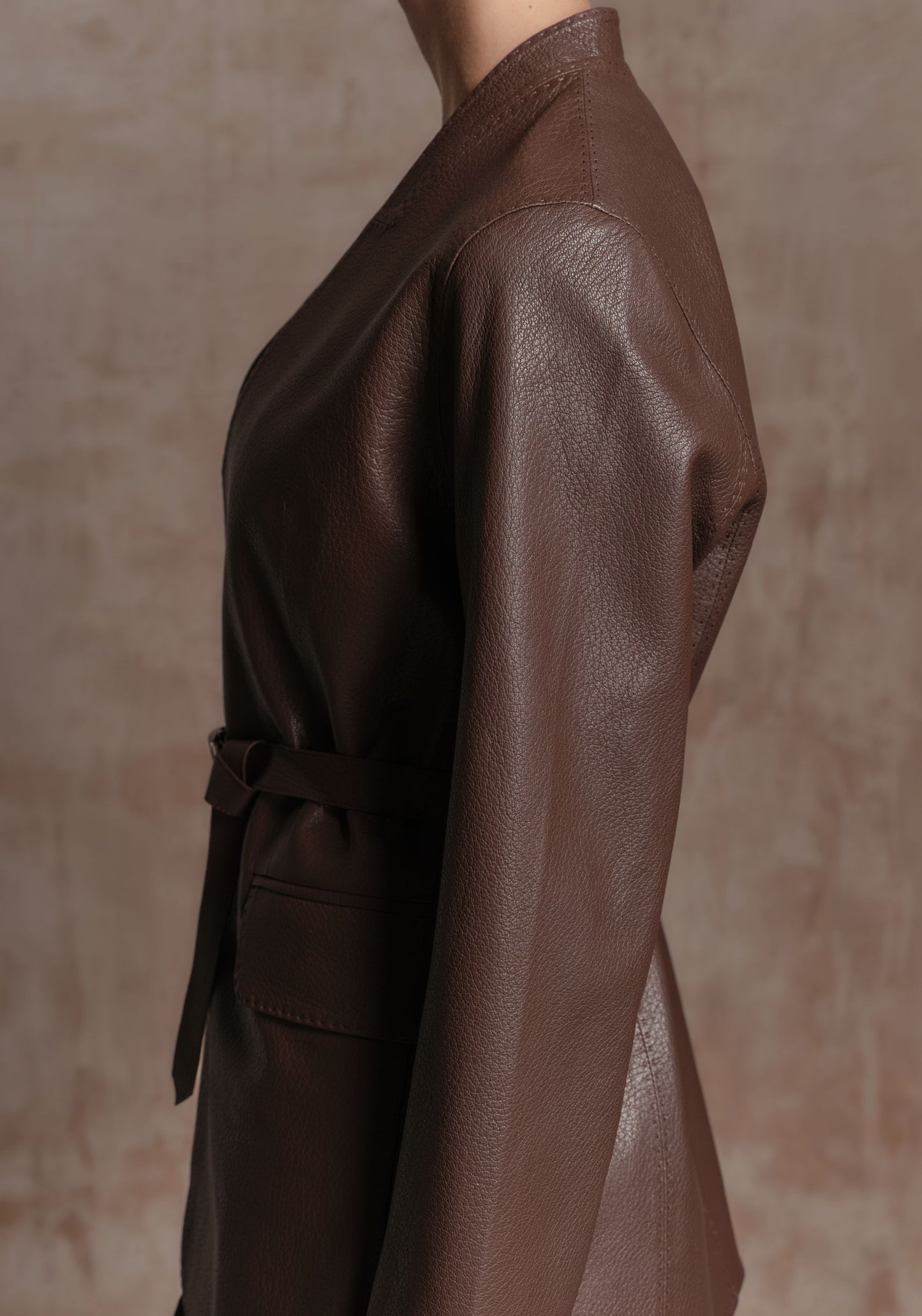 Brown Long Leather Jacket with Belt
