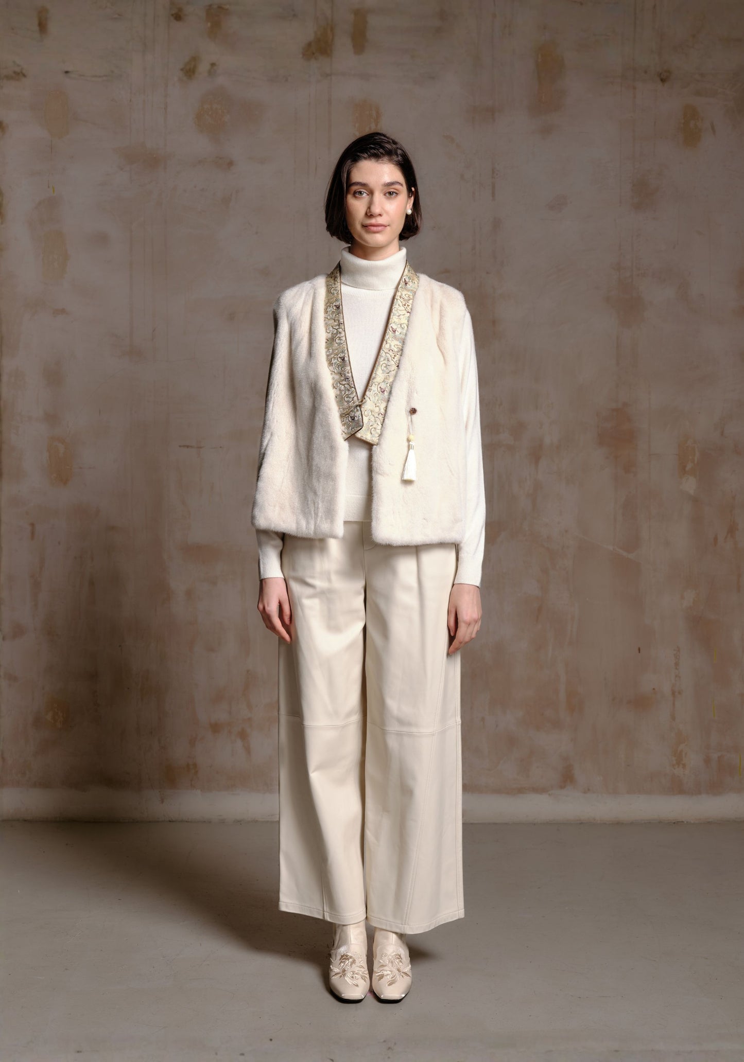 White Fur Vest with Beading Details