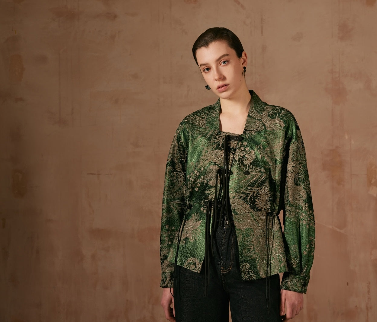 Green Leather Jacket with Flower Patterns