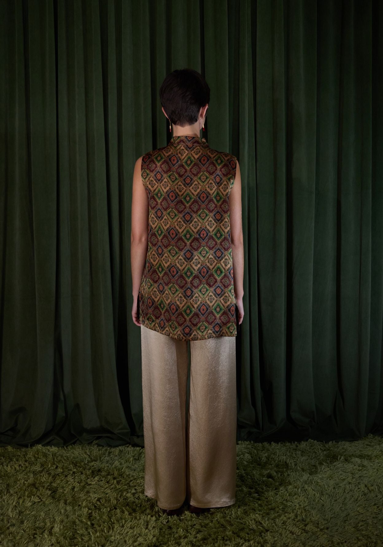 Brown Pattern Top with Mandarin Collar