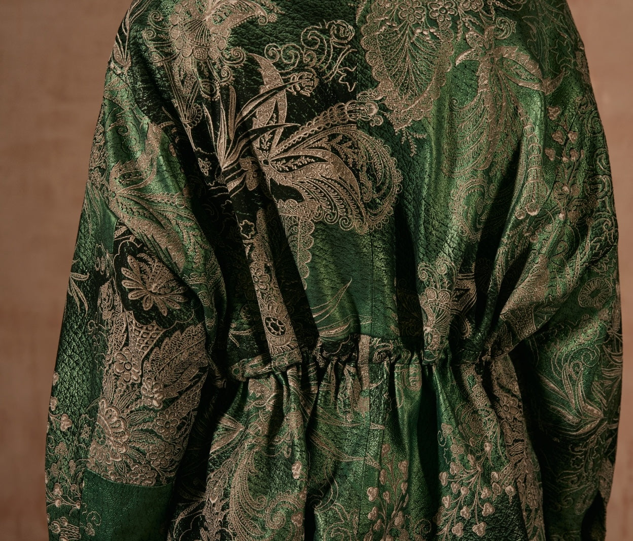 Green Leather Jacket with Flower Patterns