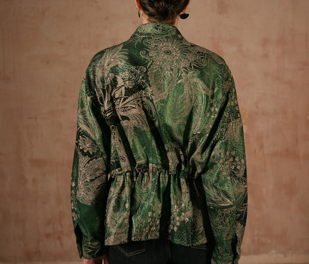 Green Leather Jacket with Flower Patterns