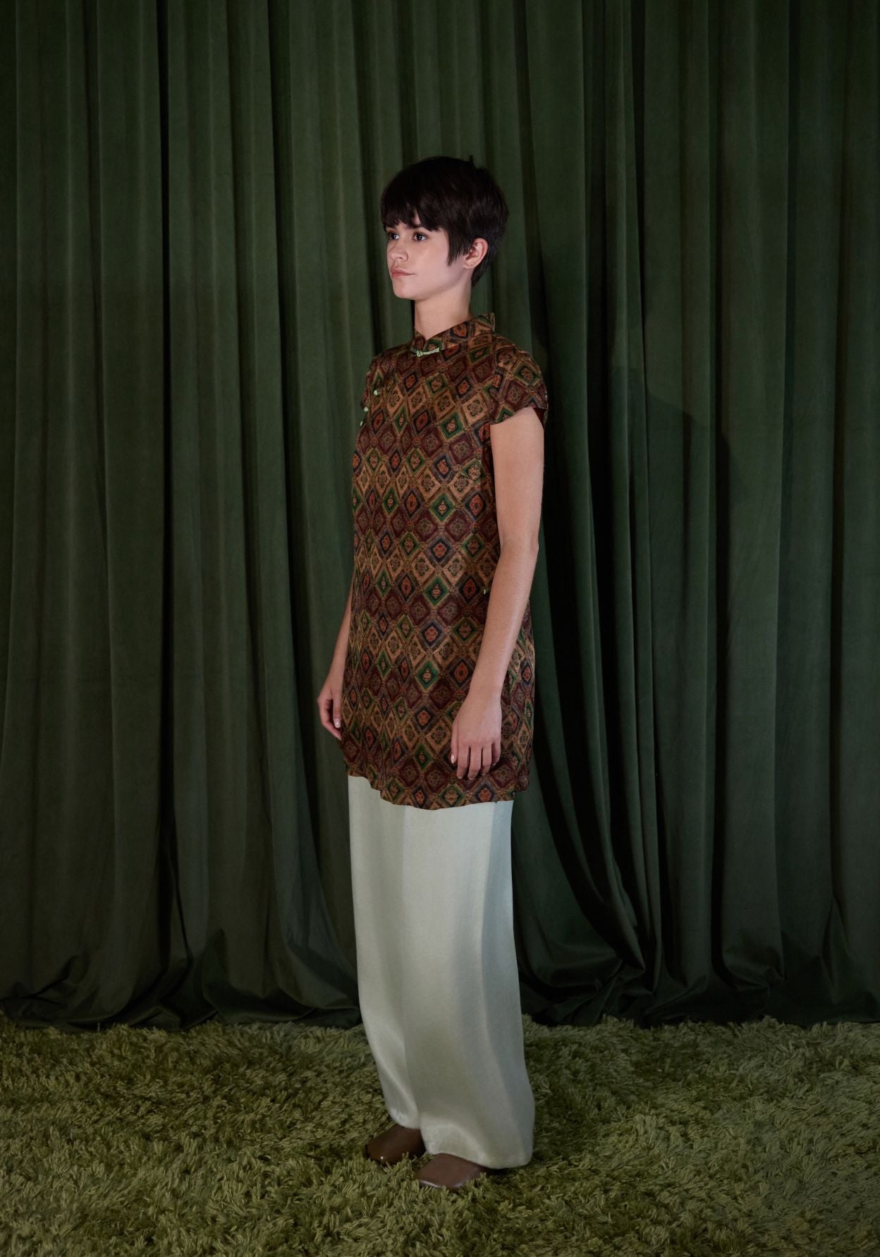 Brown Pattern Tunic with Mandarin Collar