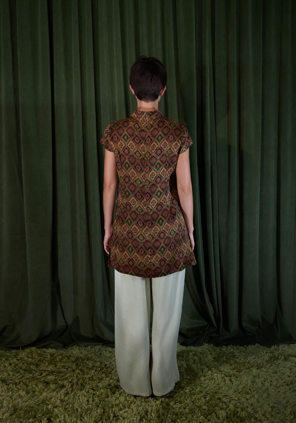 Brown Pattern Tunic with Mandarin Collar