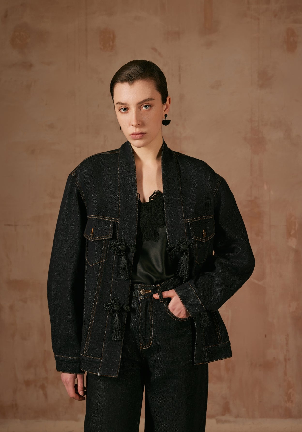 Denim Jacket with Chinese Tassel Buttons
