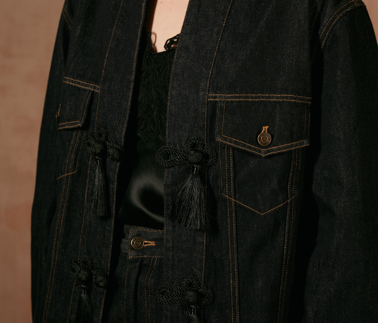 Denim Jacket with Chinese Tassel Buttons