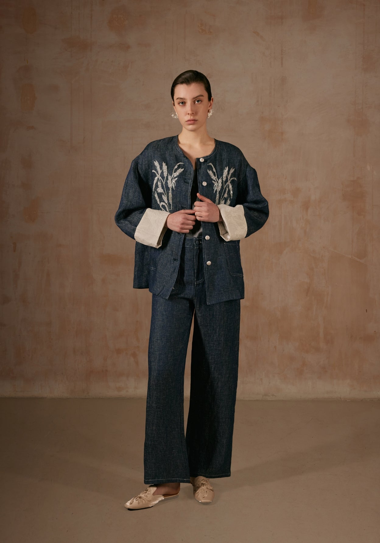 Denim Jacket with Bamboo Hand Embroidery