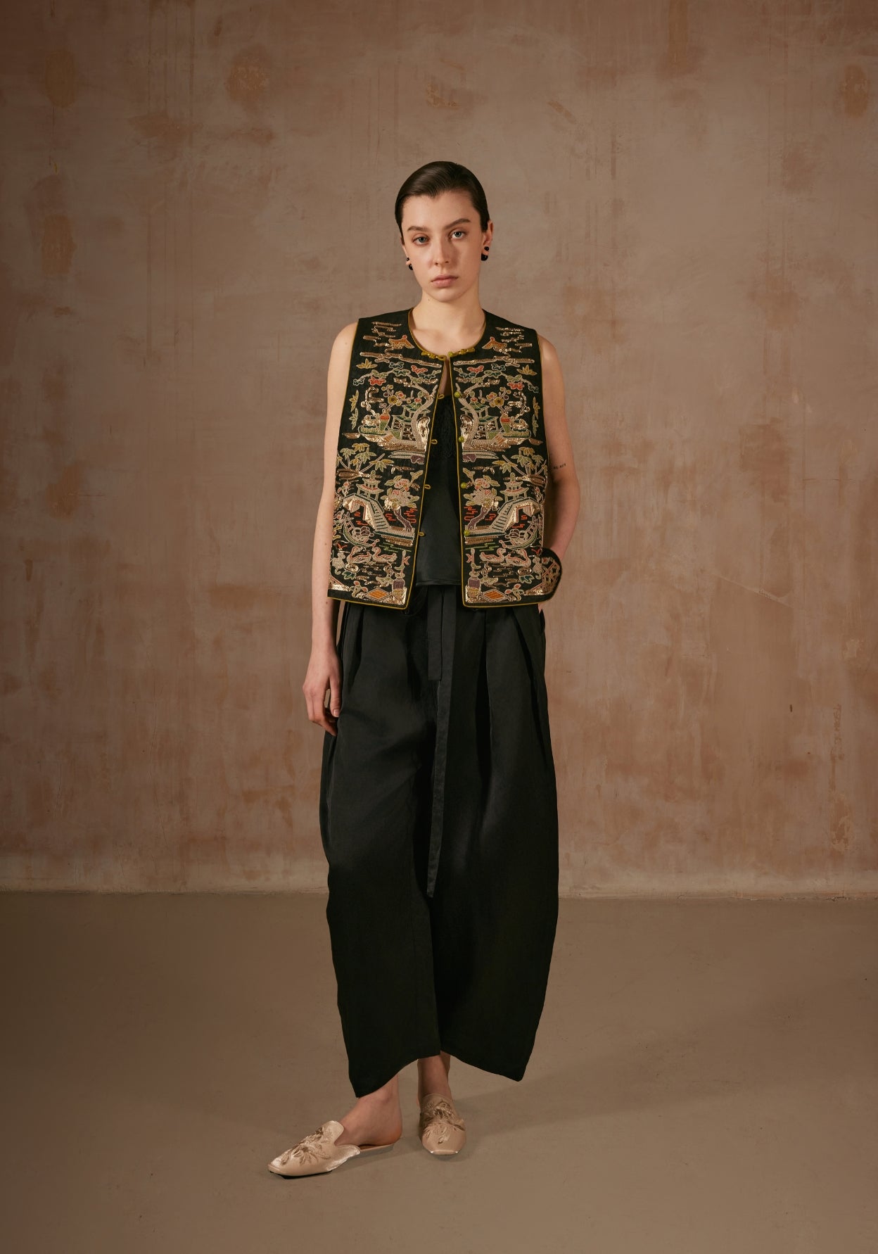 Black Silk Vest with Golden Embroidery