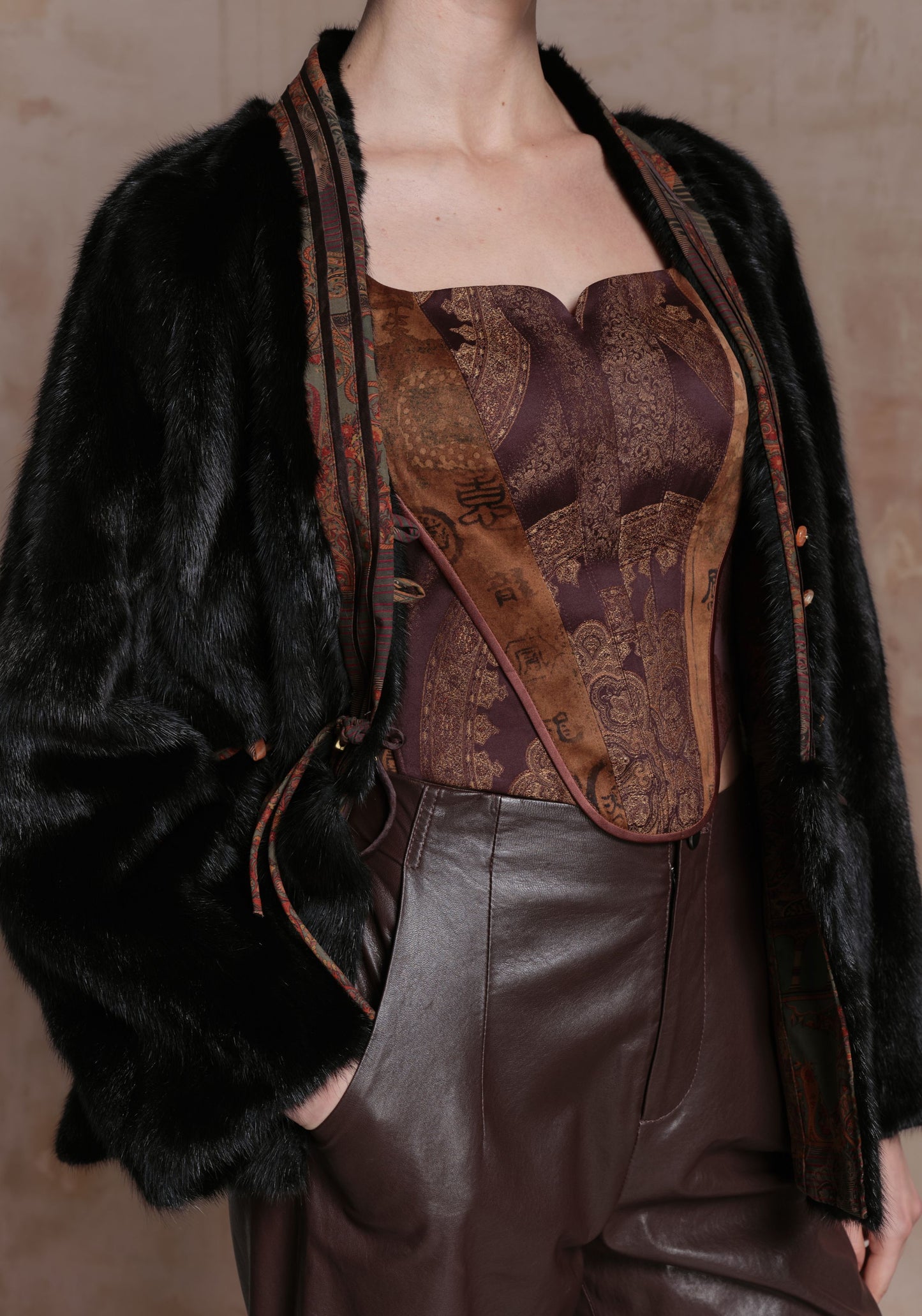 Double-sided Brown Pattern Jacket with Mink