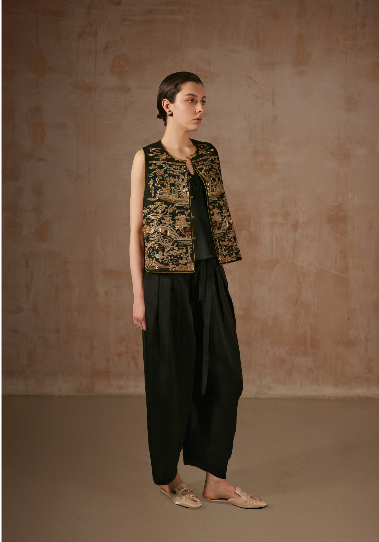 Black Silk Vest with Golden Embroidery