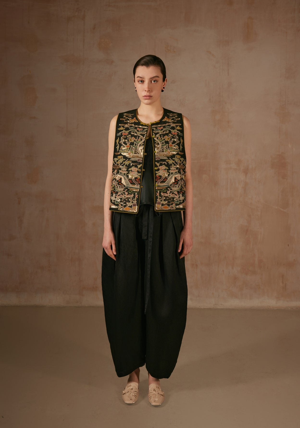 Black Silk Vest with Golden Embroidery