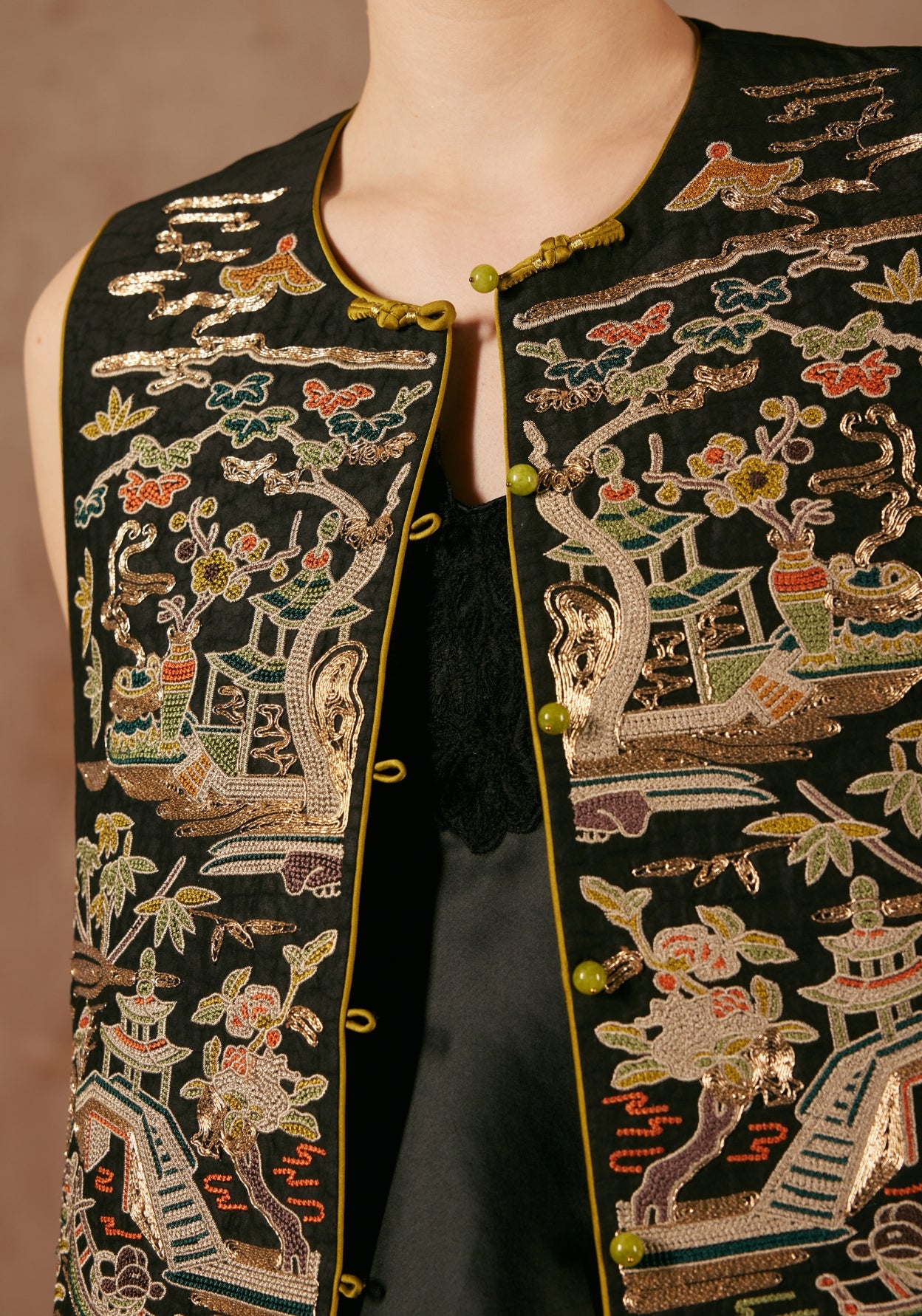 Black Silk Vest with Golden Embroidery