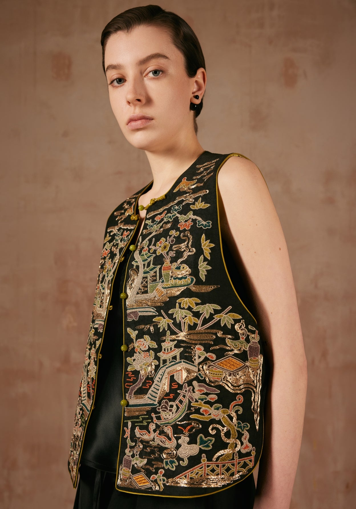 Black Silk Vest with Golden Embroidery