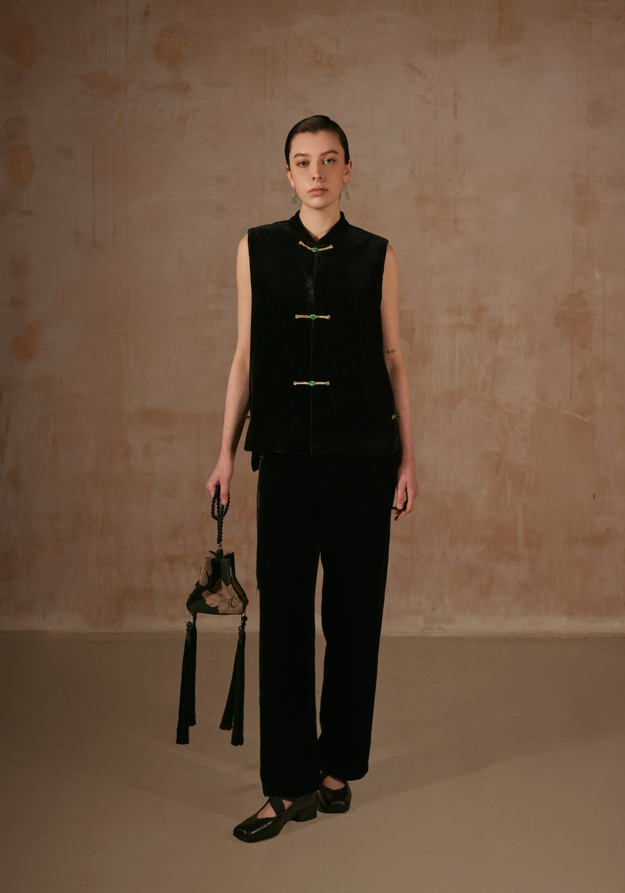 Black Velvet Vest with Green Button Details