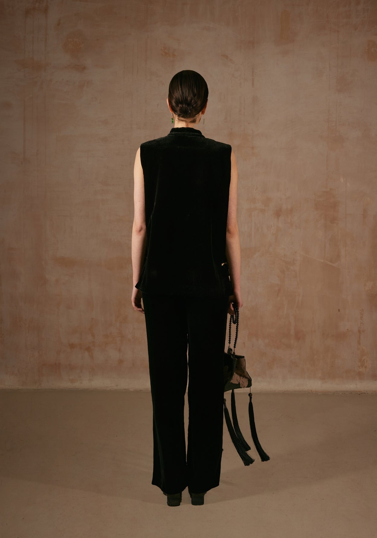 Black Velvet Vest with Green Button Details