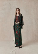 Sheer Green Printed Silk Kimono with Embroidered Trim