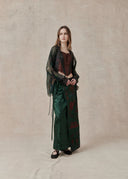 Sheer Green Printed Silk Kimono with Embroidered Trim