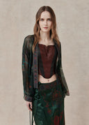 Sheer Green Printed Silk Kimono with Embroidered Trim