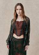 Sheer Green Printed Silk Kimono with Embroidered Trim