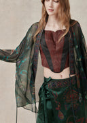 Sheer Green Printed Silk Kimono with Embroidered Trim