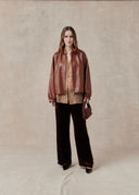 Leather Jacket with Ruffled Collar — Brown