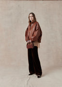 Leather Jacket with Ruffled Collar — Brown