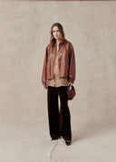 Leather Jacket with Ruffled Collar — Brown