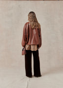 Leather Jacket with Ruffled Collar — Brown