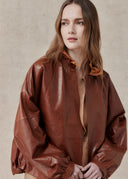 Leather Jacket with Ruffled Collar — Brown