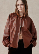 Leather Jacket with Ruffled Collar — Brown