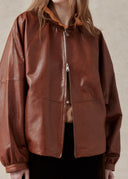 Leather Jacket with Ruffled Collar — Brown