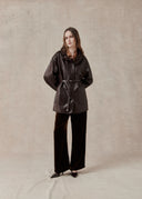 Sheep Leather Coat with Ruffled Collar and Belted Waist — Brown