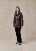 Sheep Leather Coat with Ruffled Collar and Belted Waist — Brown