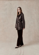Sheep Leather Coat with Ruffled Collar and Belted Waist — Brown