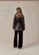 Sheep Leather Coat with Ruffled Collar and Belted Waist — Brown